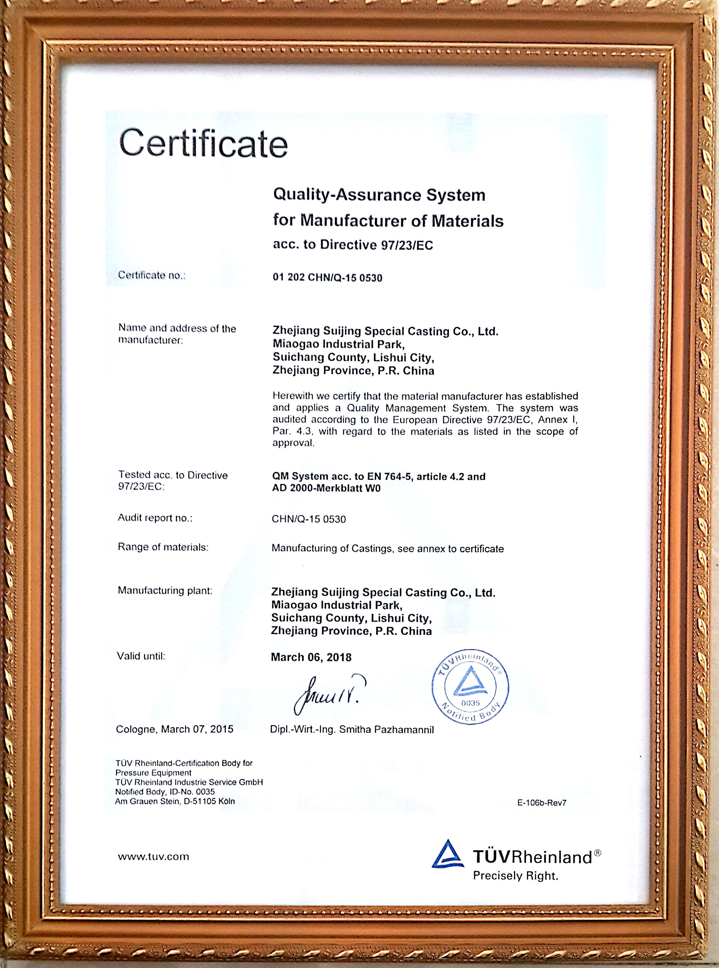 China Ningbo Suijin Machinery Technology Co.,Ltd Certificaciones